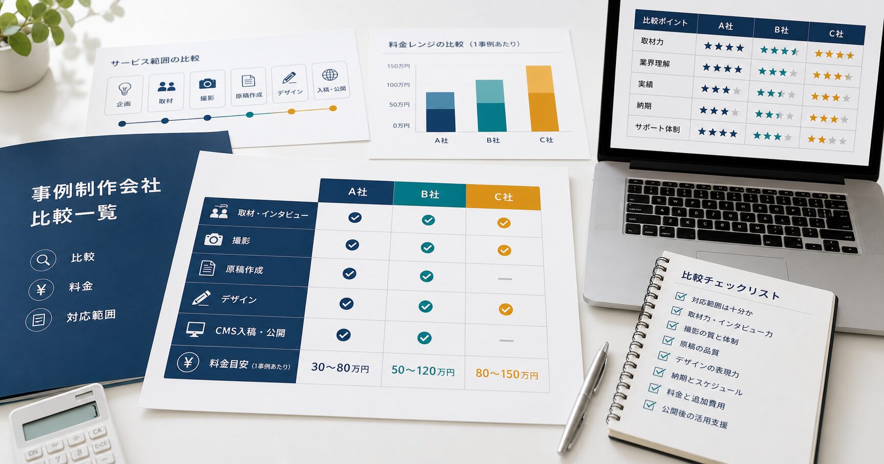 事例制作会社の対応範囲と料金を比較する資料