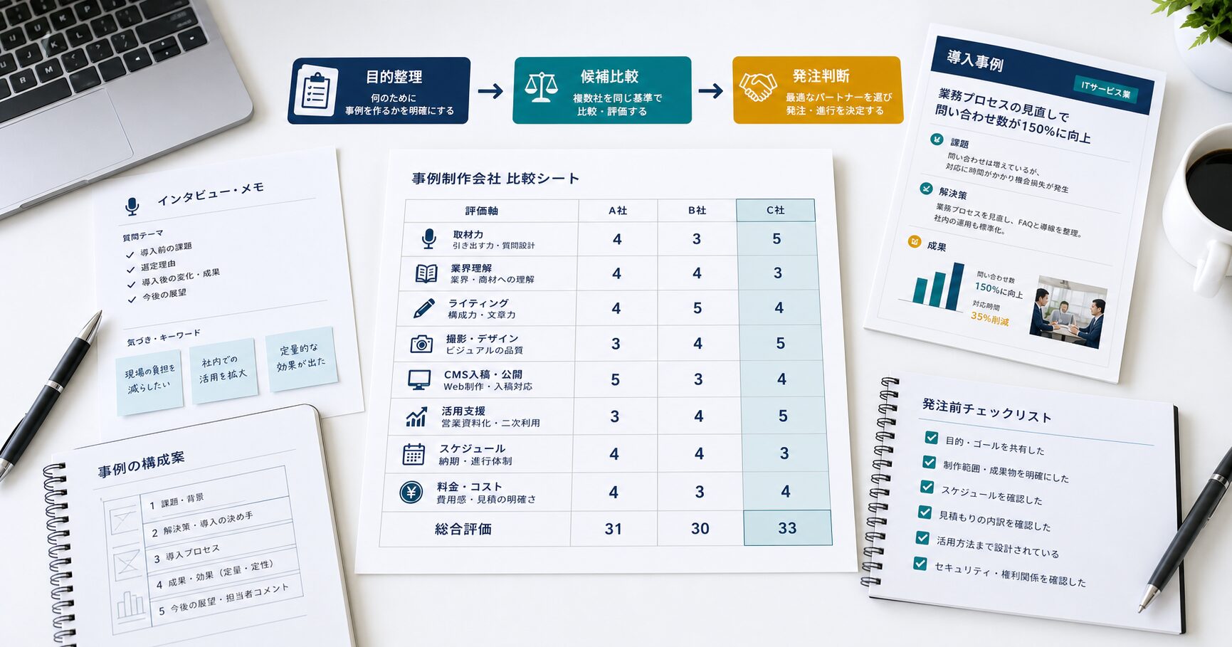 事例制作会社を選ぶための判断フローと比較シート