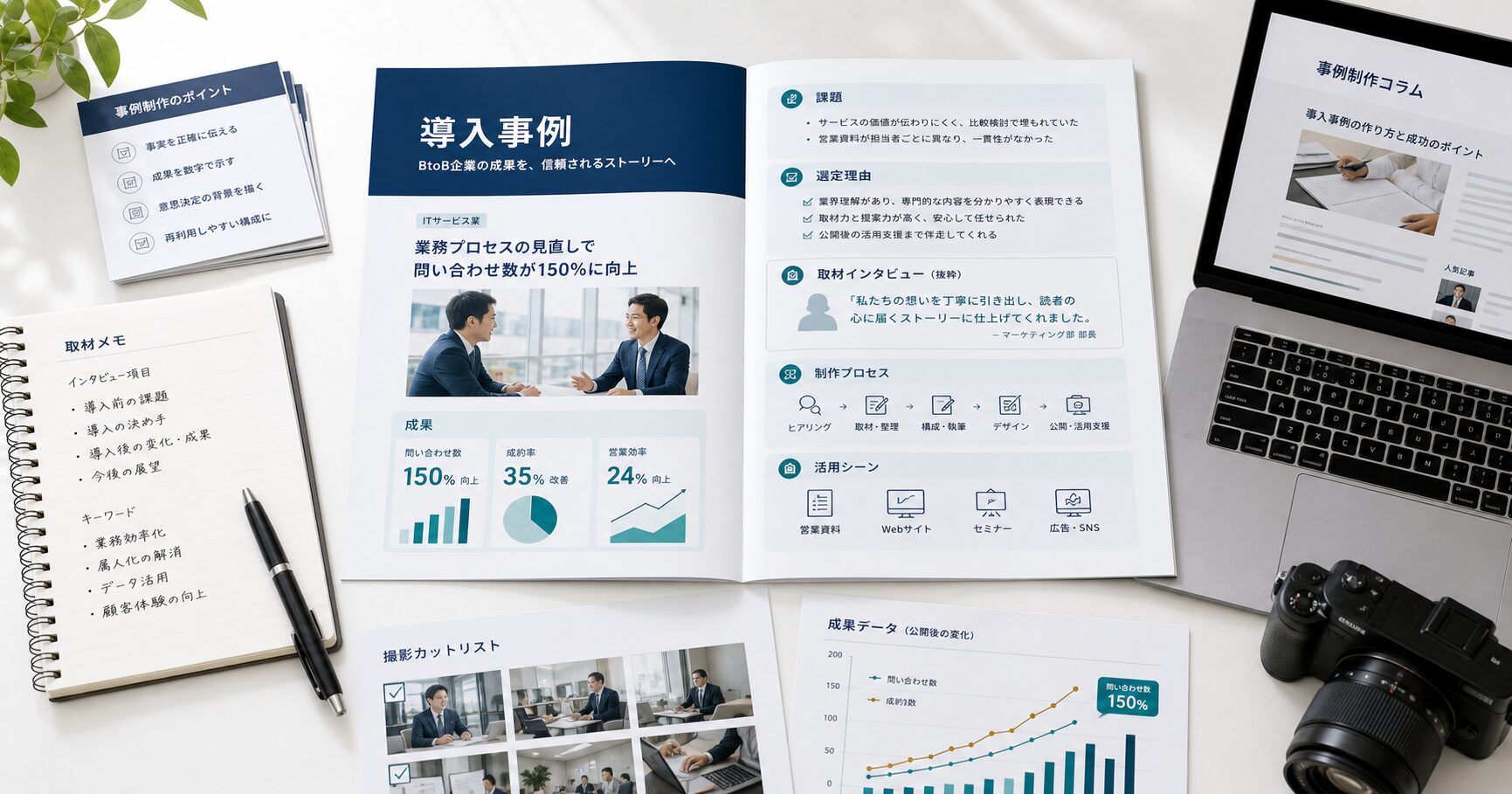 取材メモから導入事例リーフレットを制作する流れ