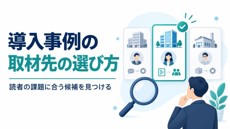 導入事例の取材先候補を比較し、読者の課題に合う企業を選ぶ図