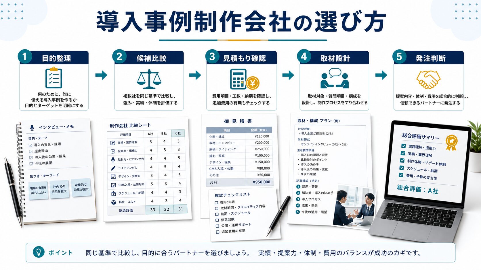 導入事例制作会社を選ぶ流れを整理した図解
