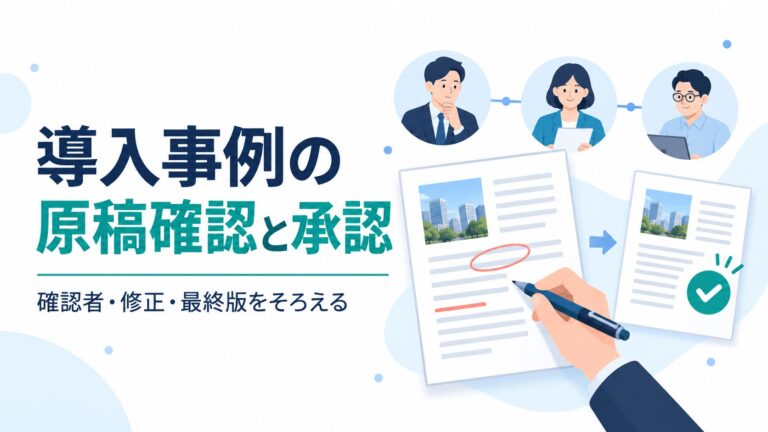 導入事例の原稿を関係者が確認し、修正後の最終版を承認する図
